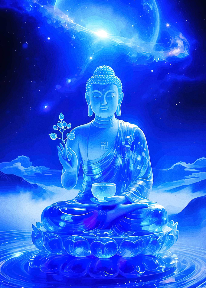 Blue Buddha Statue with Celestial Background