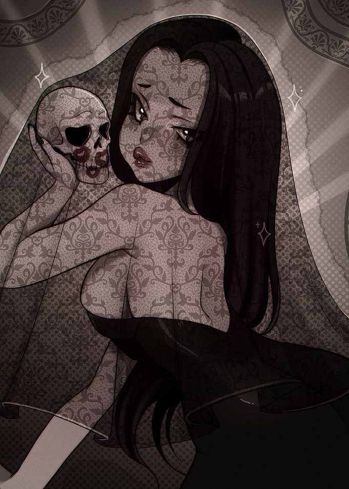Gothic Woman with Skull Illustration