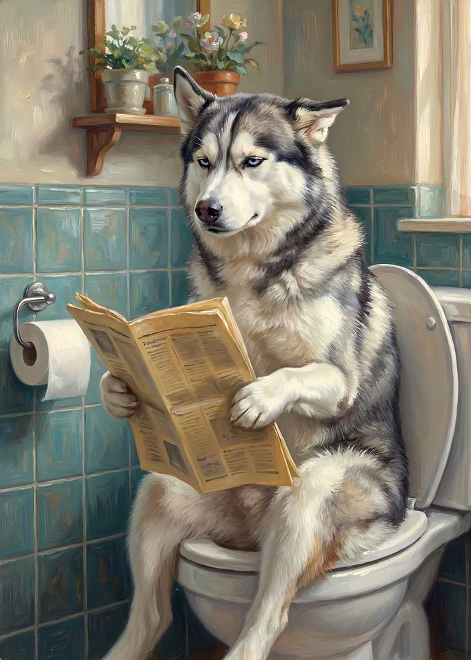 Husky Dog reading newspaper on toilet