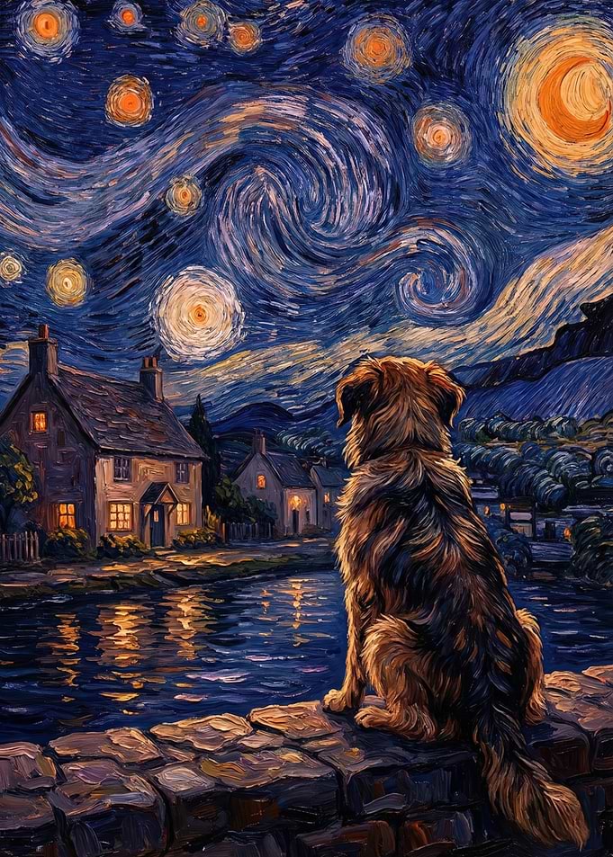 Dog Gazing at Starry Night Painting