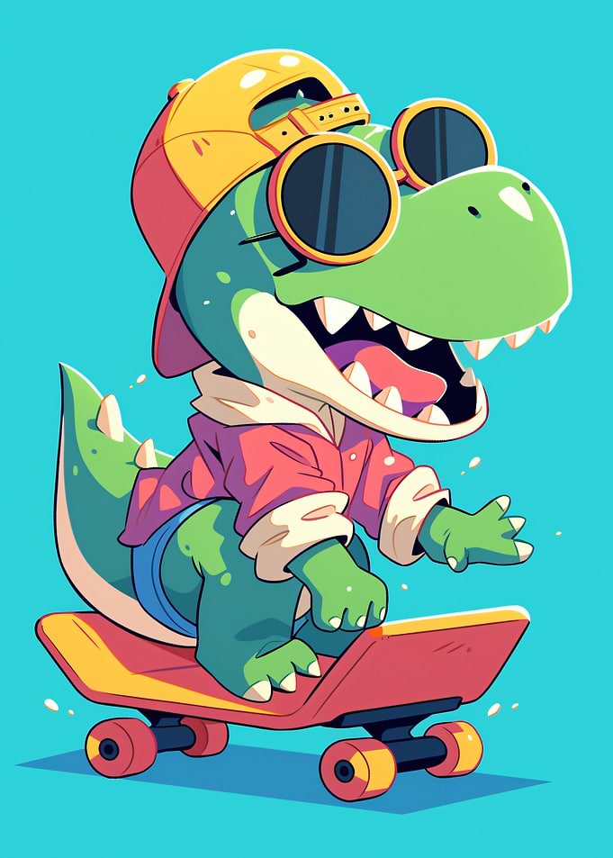 Cartoon Dinosaur on Skateboard