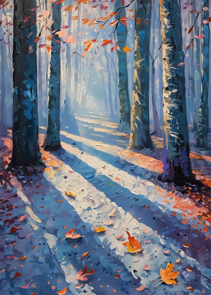 Autumn Forest Painting with Sunlight
