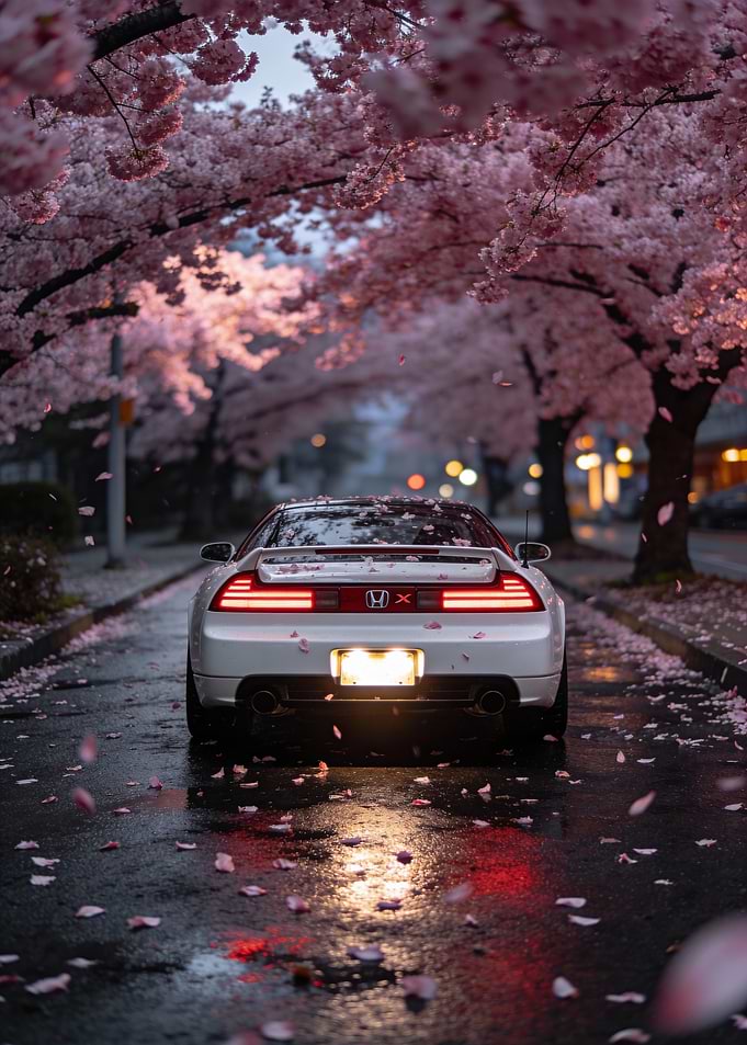 White Honda NSX under Cherry Blossoms