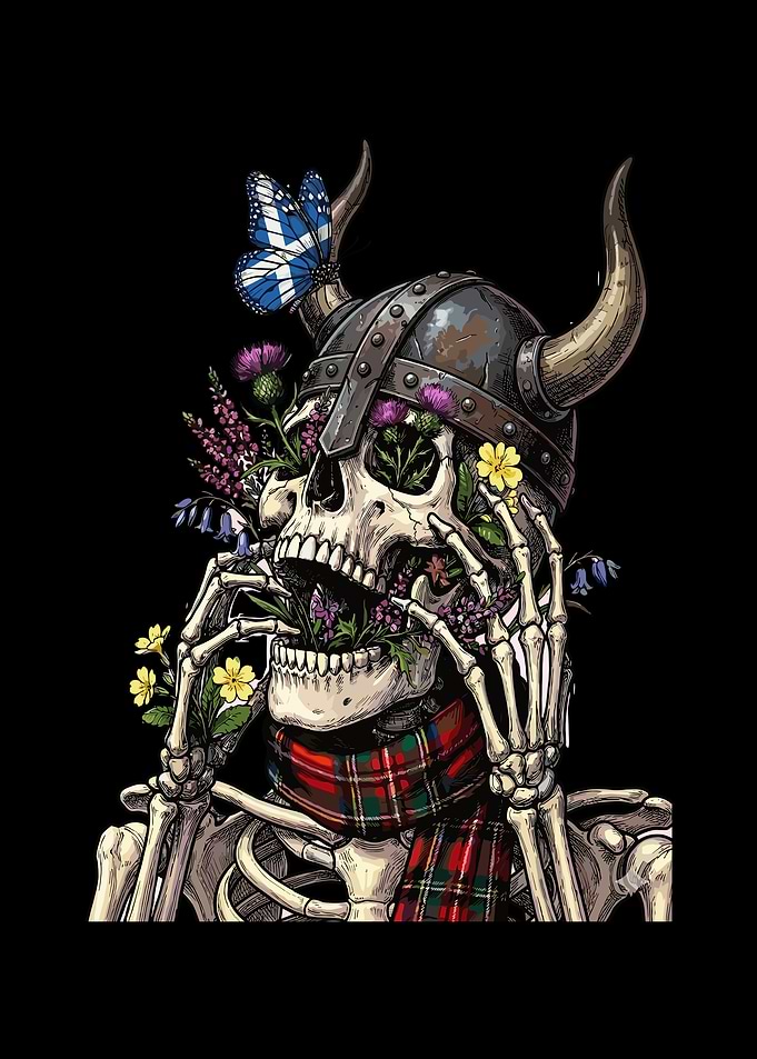 Scottish Viking Skull with Flowers