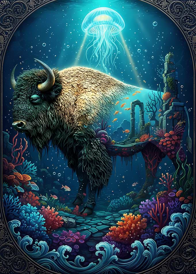 Underwater Bison with Jellyfish