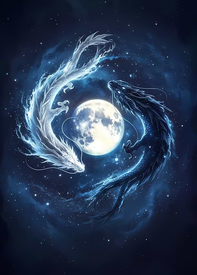 Yin Yang Dragons with Moon