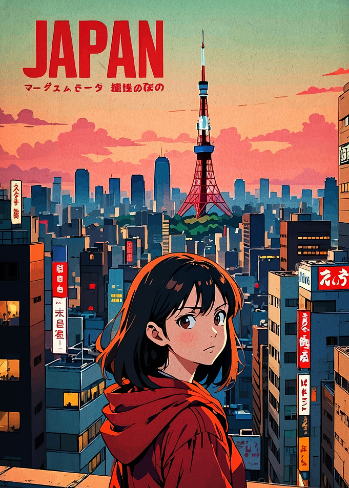 Anime Girl in Tokyo Cityscape