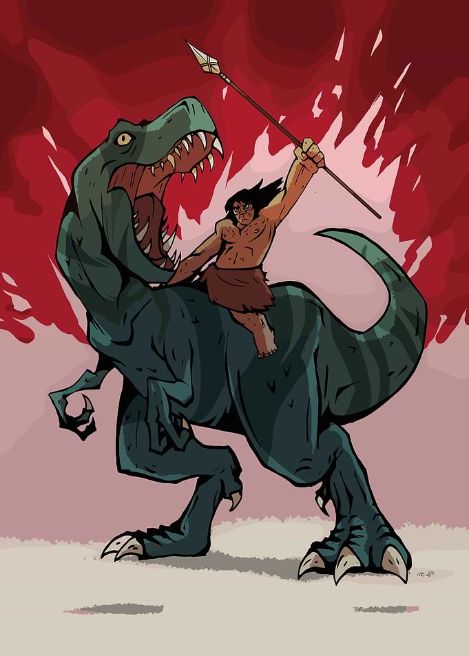 Caveman riding a dinosaur with spear