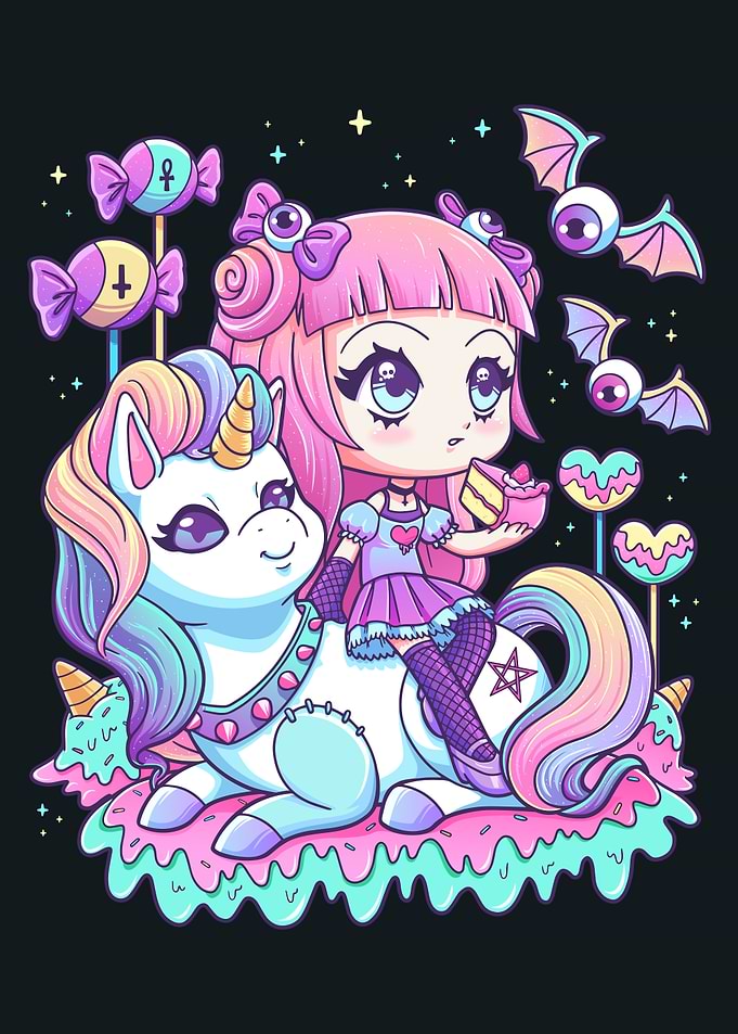 Pastel Goth Girl Riding Unicorn