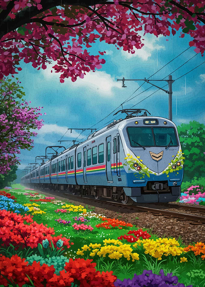 Train in a Floral Landscape