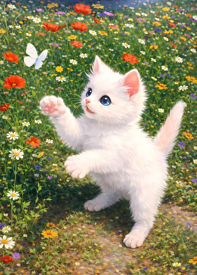 White Kitten Playing with Butterfly