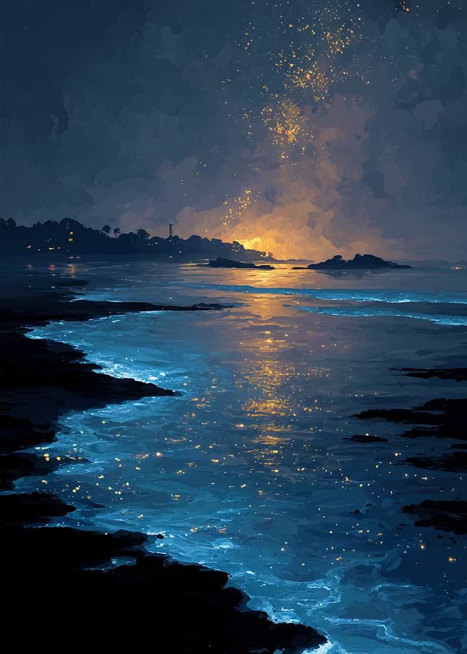 Nighttime Beach with Bioluminescence