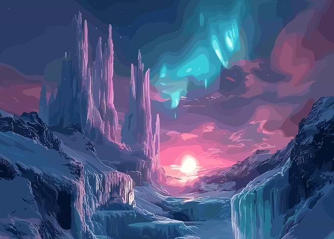 Icy Landscape with Aurora Borealis
