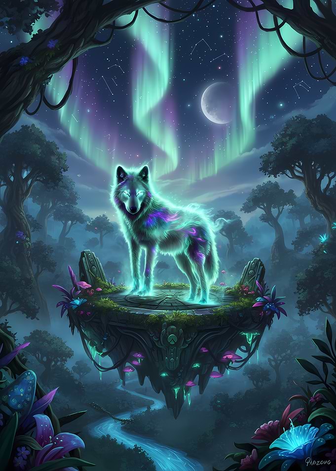 Glowing Wolf Under Aurora Borealis