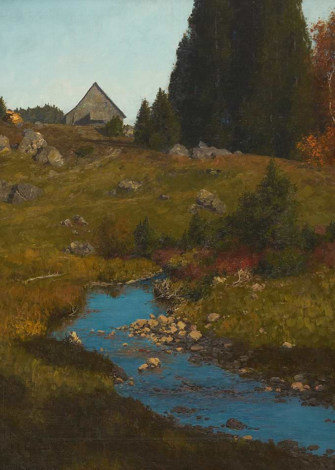 Rural Landscape Painting with Stream and Barn