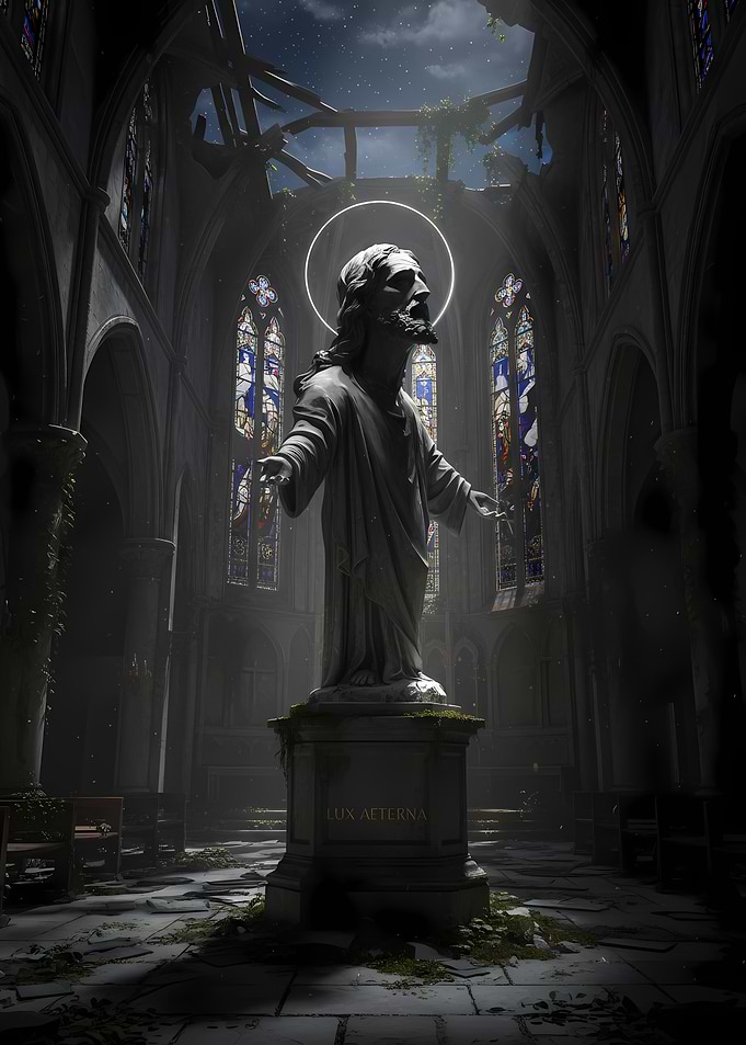 Jesus Statue in Ruined Church