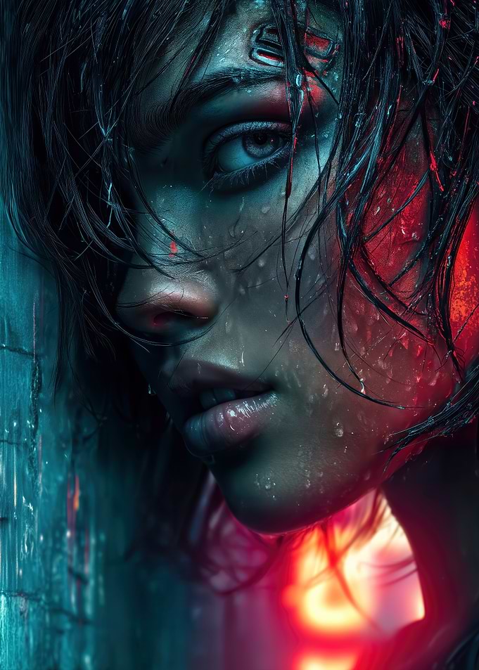 Cyberpunk Girl Portrait with Wet Hair