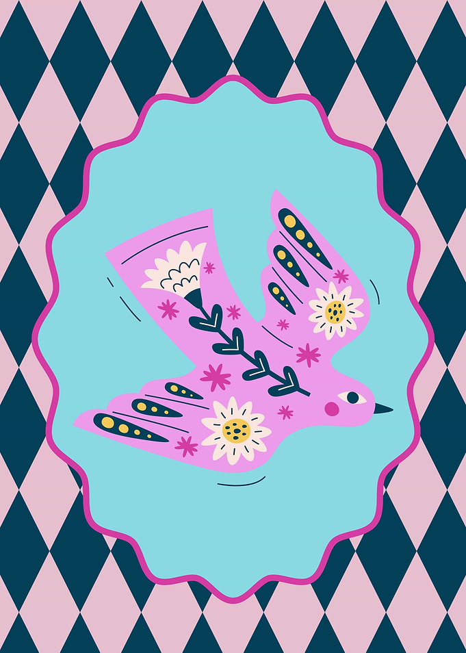 Stylized Bird Illustration with Floral Accents