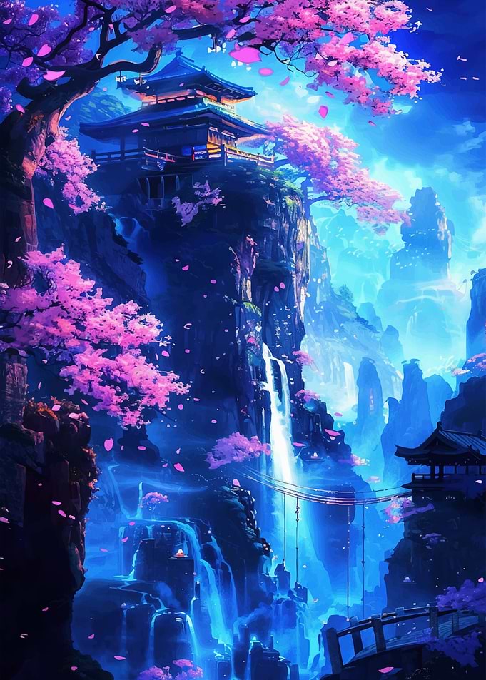 Japanese Temple with Cherry Blossoms