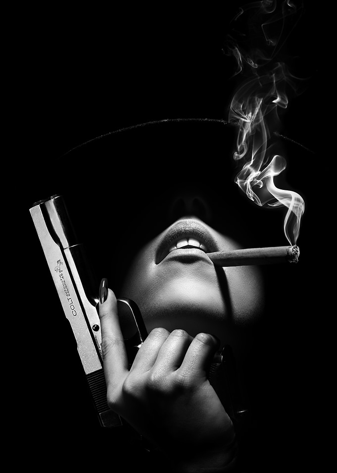 Monochrome Woman with Gun and Cigar