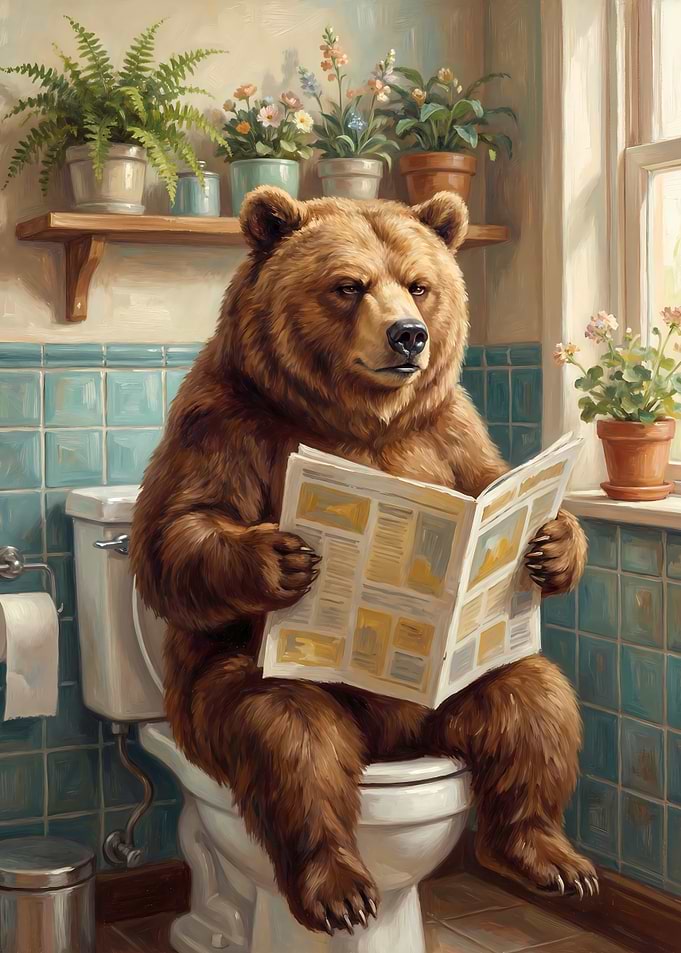 Bear Reading Newspaper on Toilet