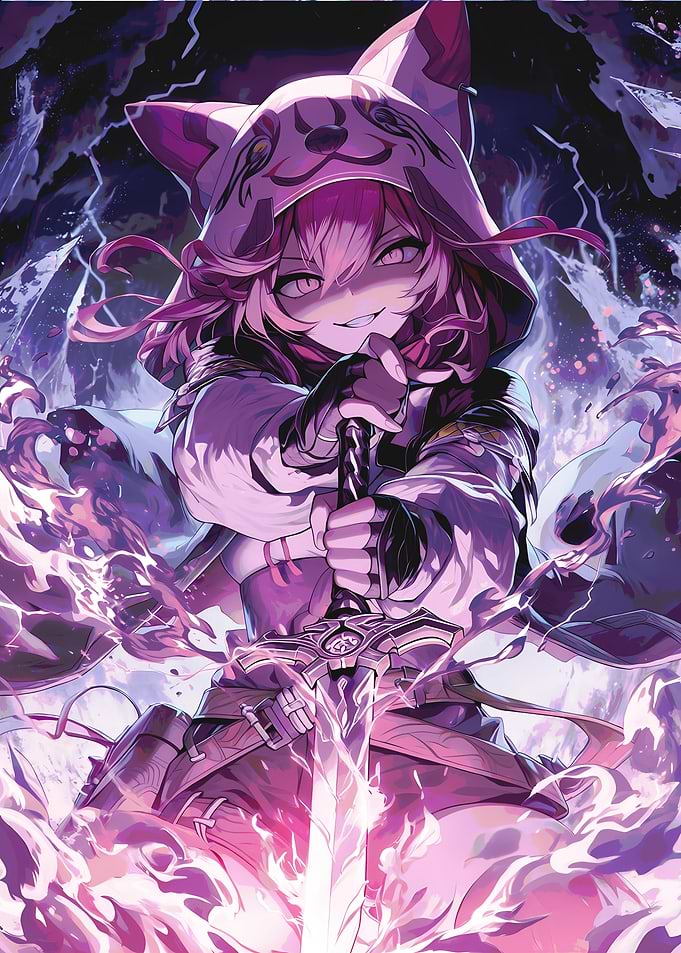 Anime Girl with Sword in Purple Hues