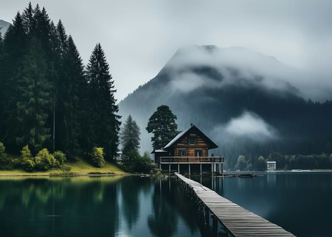 Cabin on Lake with Mountains