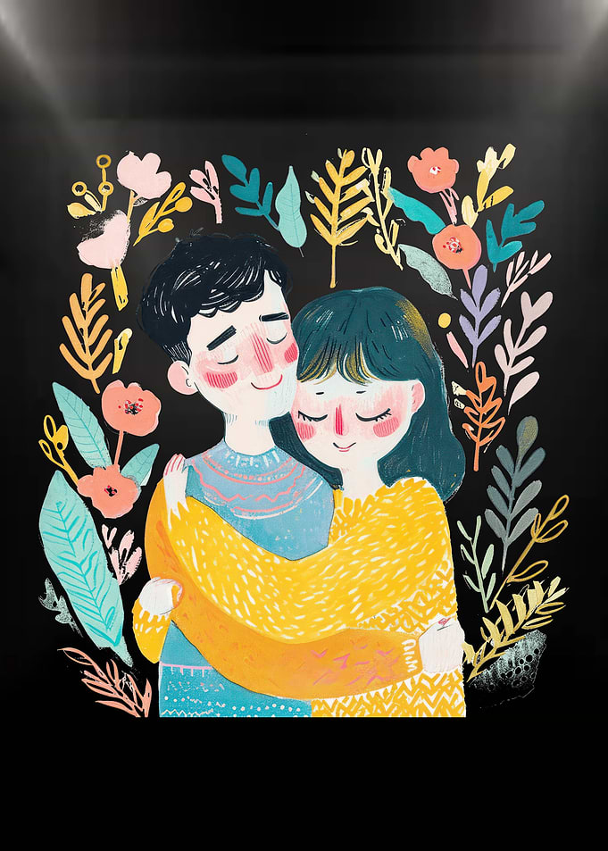 Couple embracing in floral frame illustration