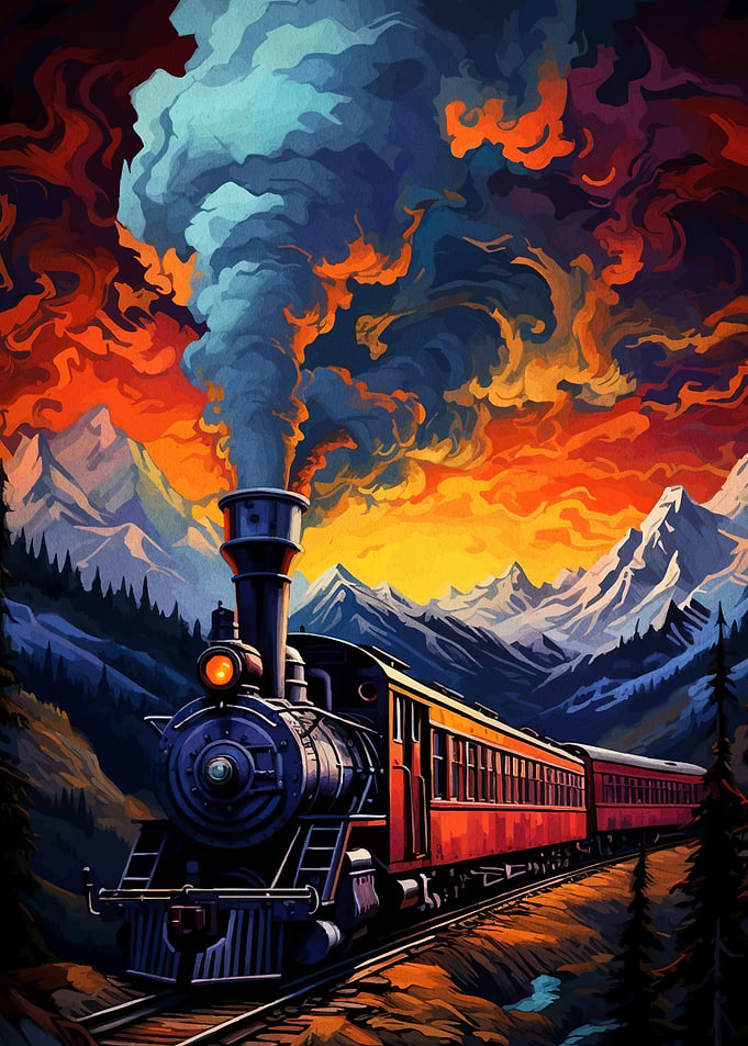Vintage Train in Mountain Landscape Painting