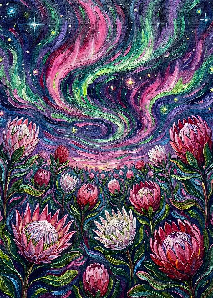 Protea Field Under Aurora Borealis Painting