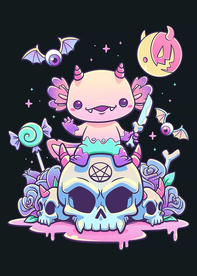 Pastel Goth Axolotl Devil on Skull Throne