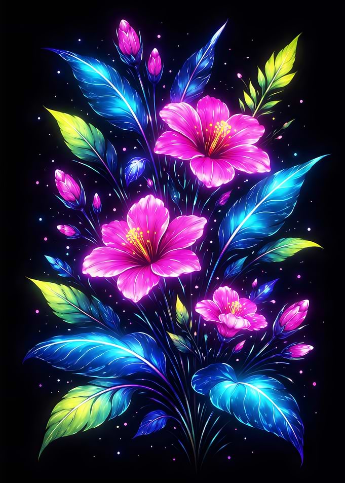 Neon Floral Arrangement on Black Background