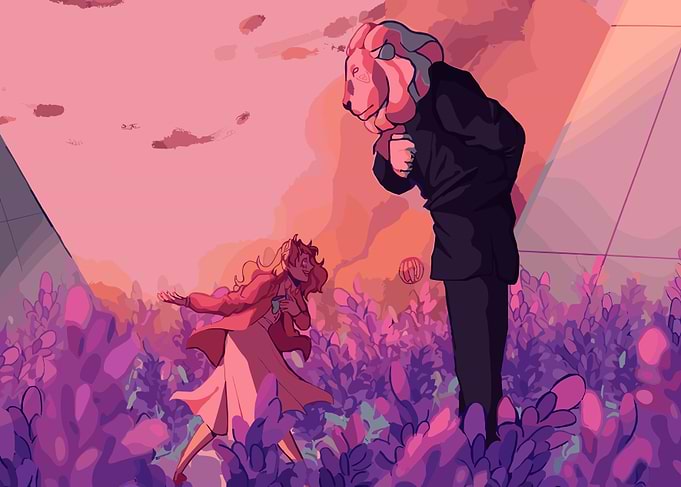 Lion-headed man and woman in field