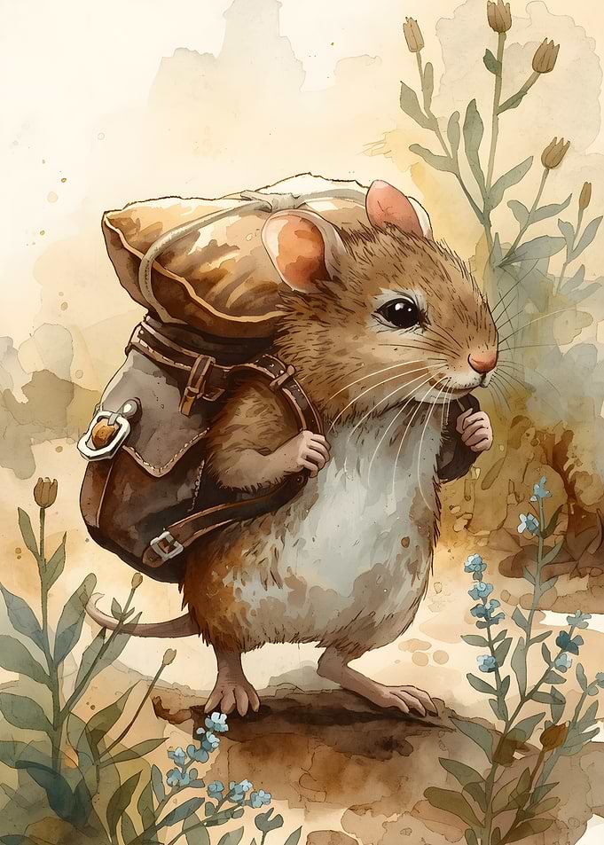Mouse with Backpack Watercolor Illustration