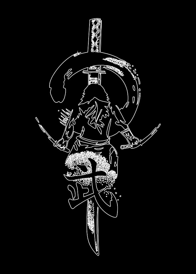 Samurai Warrior Silhouette with Sword and Kanji