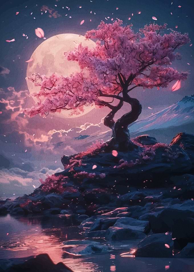 Cherry Blossom Tree Under Full Moon