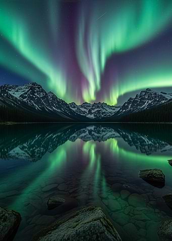 Aurora Borealis over Mountain Lake