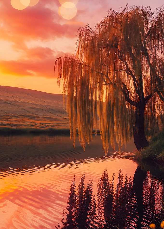 Willow Tree Sunset Reflection
