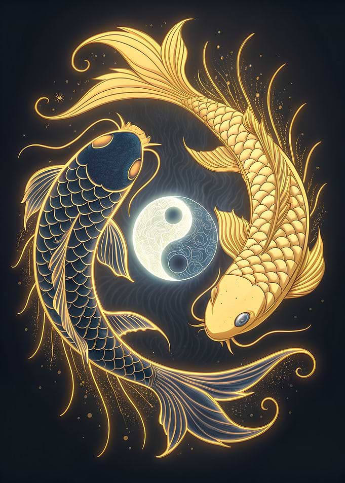 Yin Yang Koi Fish Golden Illustration