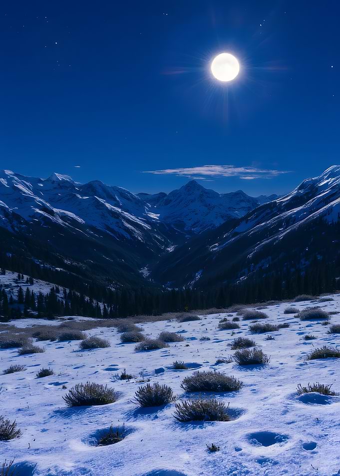 Snowy Mountain Landscape Under Moonlight