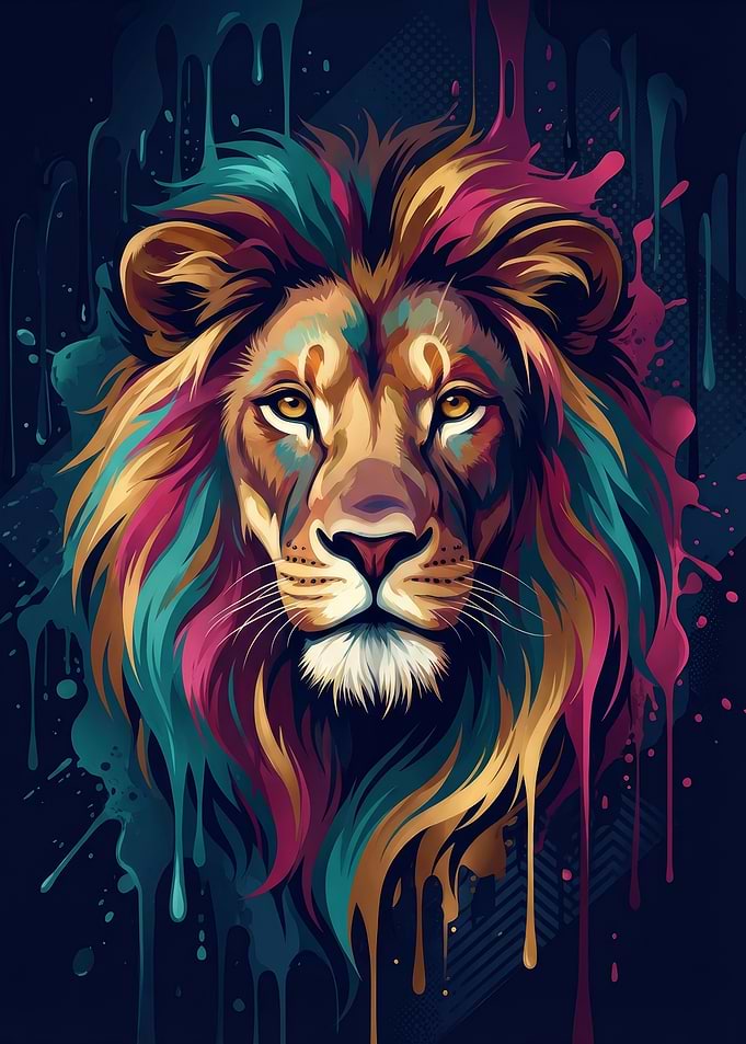 Colorful Lion Portrait with Dripping Paint