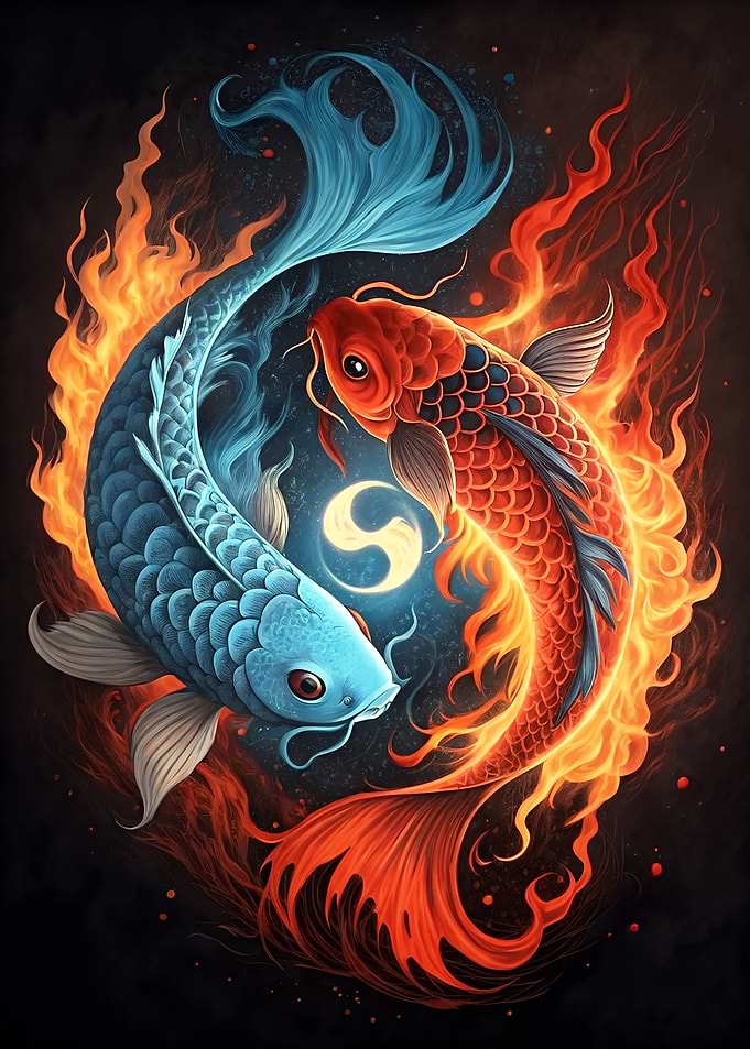 Yin Yang Koi Fish with Flames