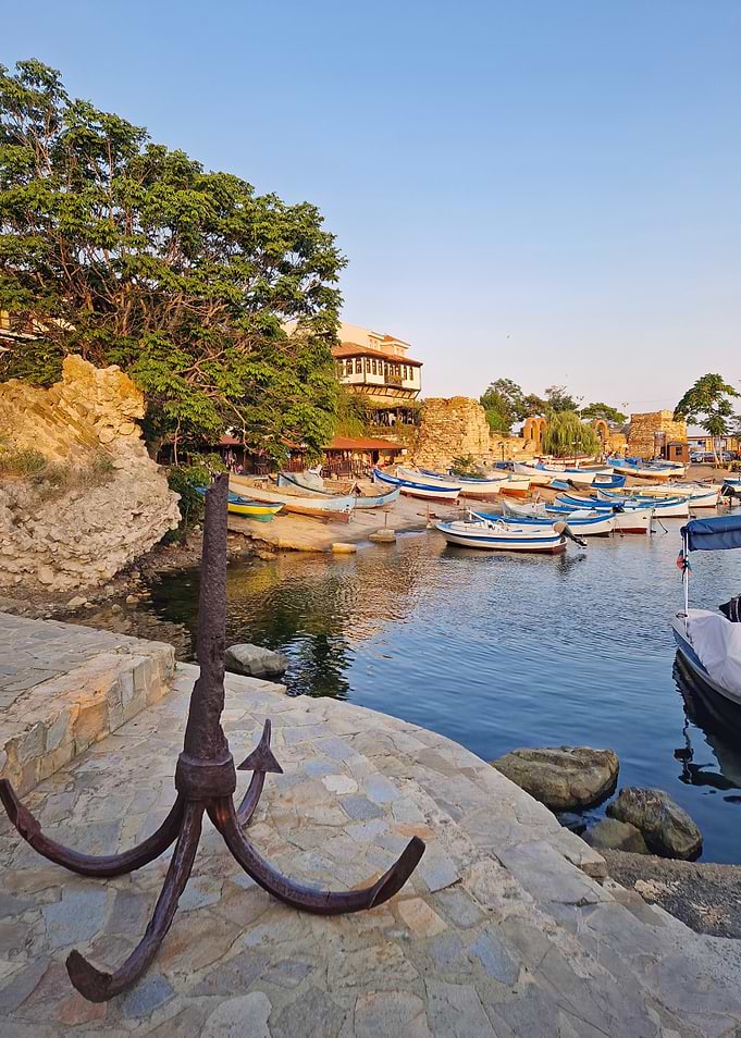 Coastal Harbor with Boats and Anchor