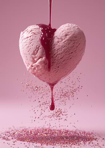 Heart-shaped ice cream with syrup and glitter