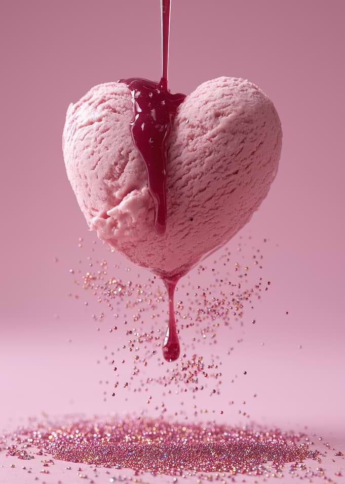 Heart-shaped ice cream with syrup and glitter