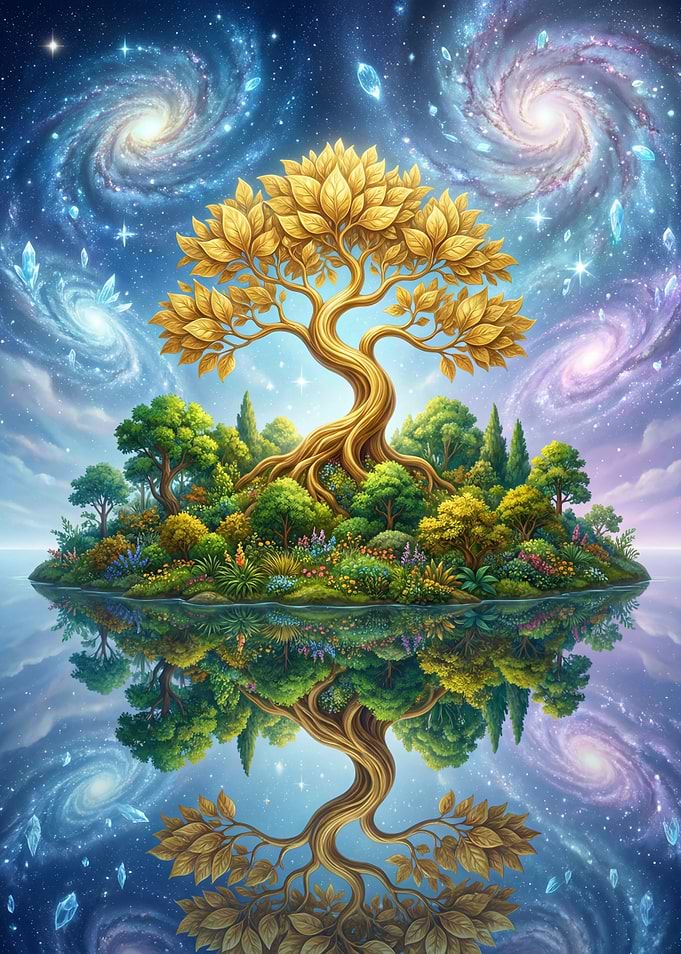 Golden Tree Island Under Cosmic Sky Reflection