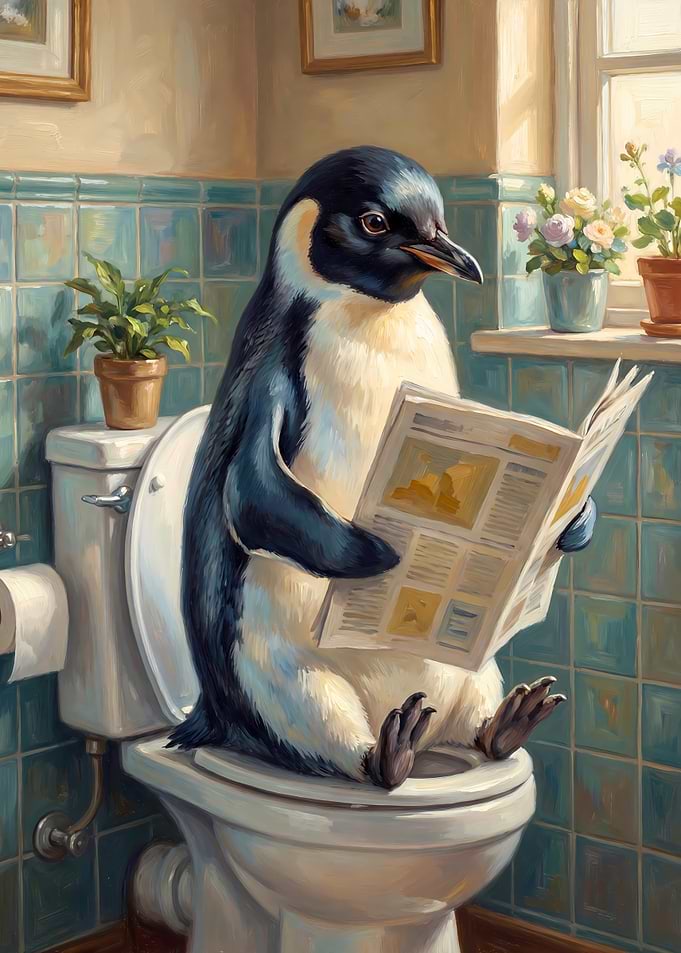 Penguin reading newspaper on toilet