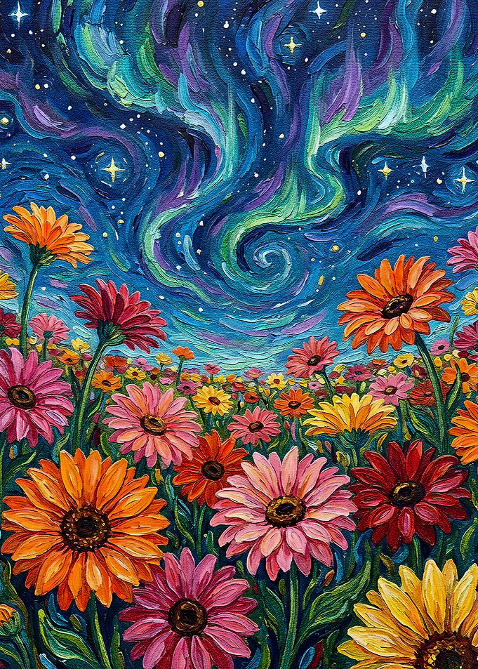 Floral Field Under Aurora Borealis Painting