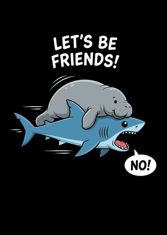 Manatee riding shark cartoon illustration