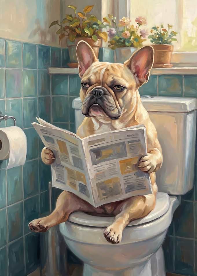 Bulldog Reading Newspaper on Toilet